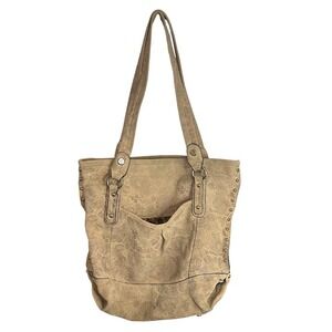 B Makowsky Beige Light Animal Print Leather‎ Studded Large Tote Shoulder Bag